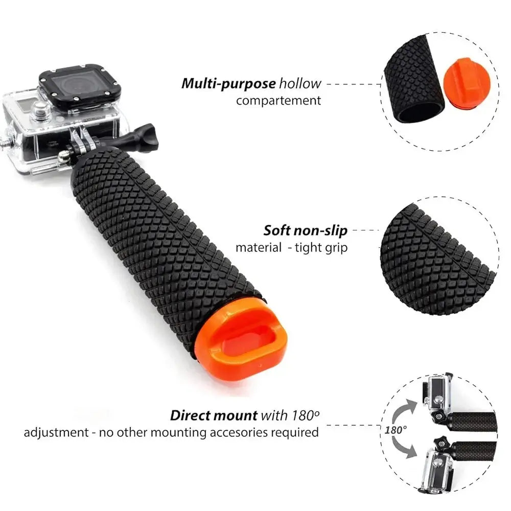 Orange Floating Hand Grip for action cameras, featuring non-slip surface and 180-degree adjustable mount.