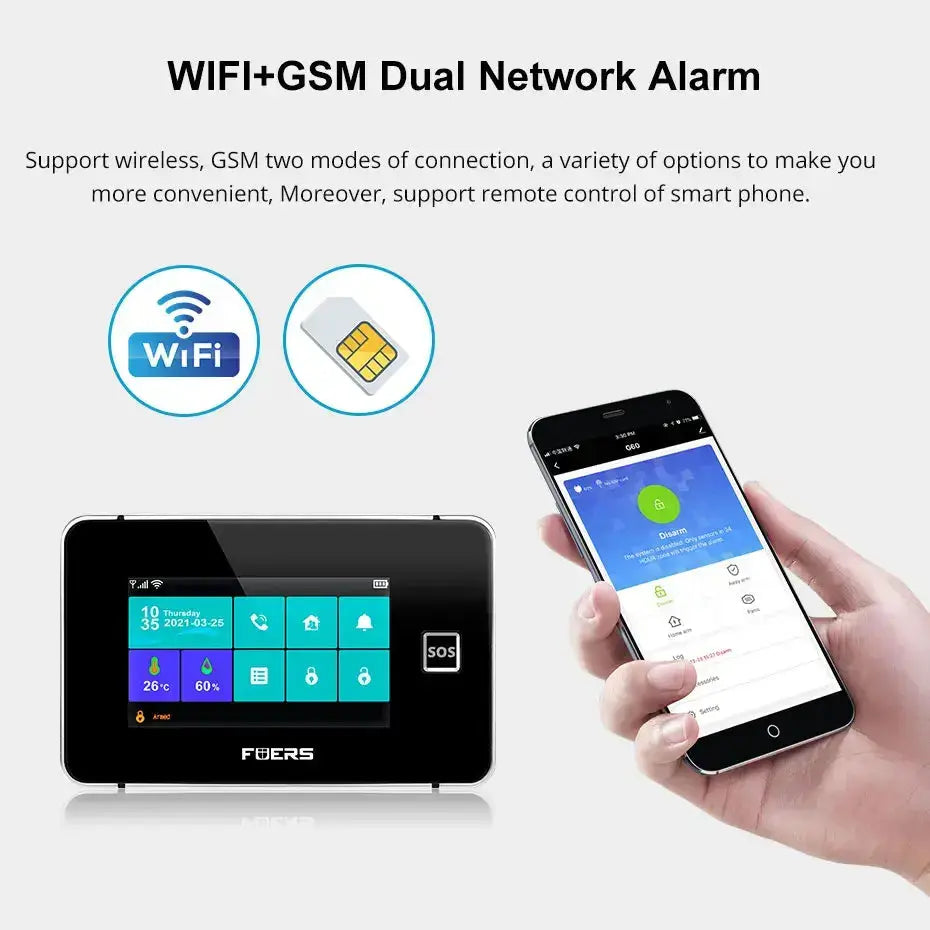 4.3 inch WiFi and GSM dual network alarm with remote smartphone control feature.
