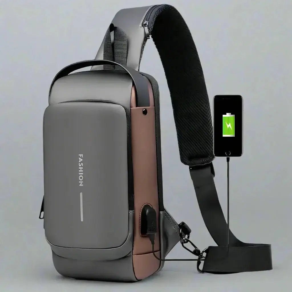 VoltGuard Waterproof Chest Bag in sleek design with USB charging port, perfect for travel and everyday adventures.