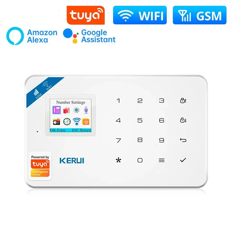 W181 Smart Home Security Alarm System keypad with Tuya compatibility, Alexa and Google Assistant support, and WiFi/GSM features.