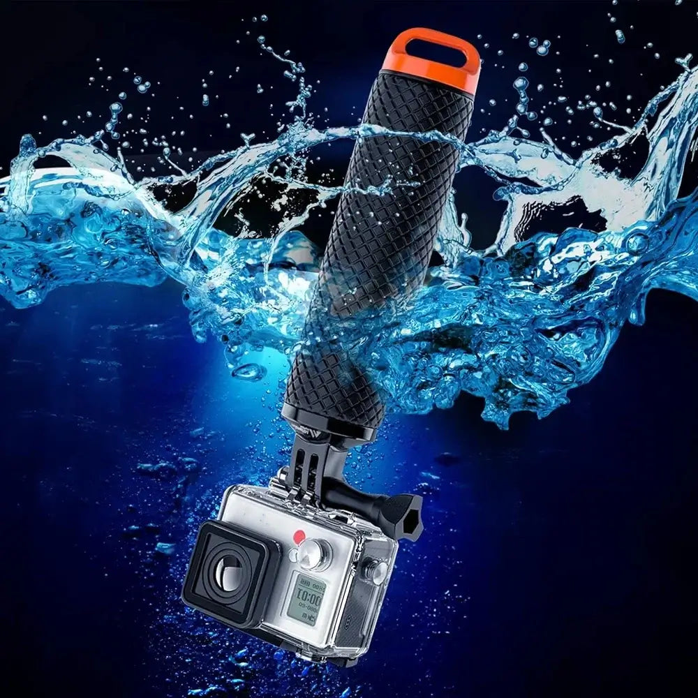 Orange Floating Hand Grip for action cameras, enhancing grip and buoyancy during water activities.
