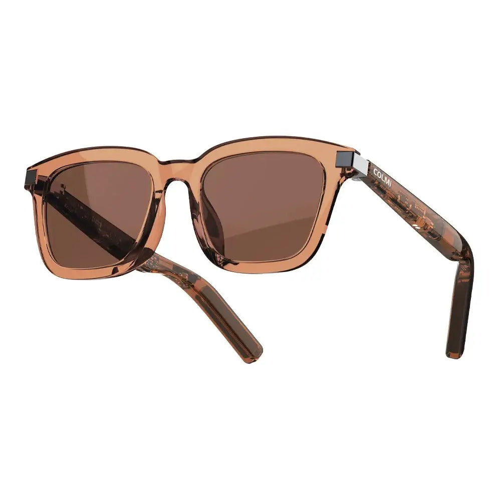 G06 Smart Bluetooth Audio Sunglasses in stylish transparent frame with brown lenses and open-ear speakers.