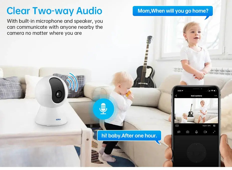 5MP Tuya Smart Mini WiFi IP Camera showcasing two-way audio communication and monitoring of children indoors.
