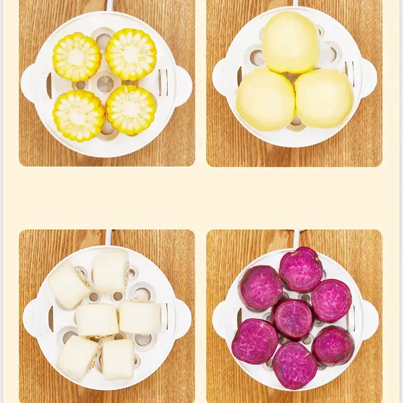 SteamMate Pro egg boiler steaming corn, potatoes, and sweet potatoes in a double-layer design.