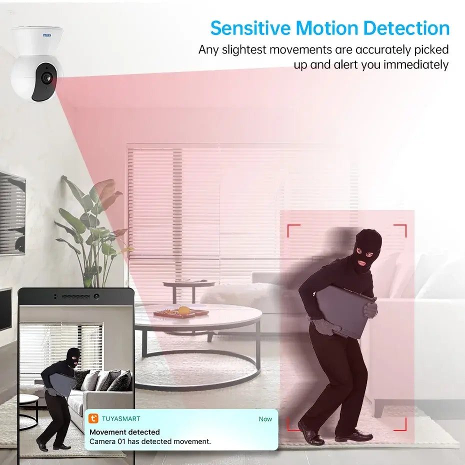 Image showcasing sensitive motion detection with 5MP Tuya Smart Mini WiFi IP Camera alerting for movement.
