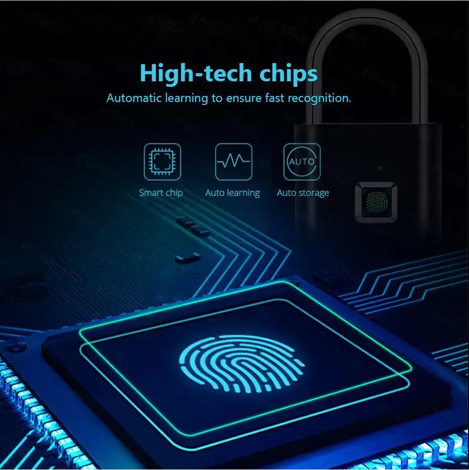 High-tech chips in a smart padlock for fast fingerprint recognition and security.