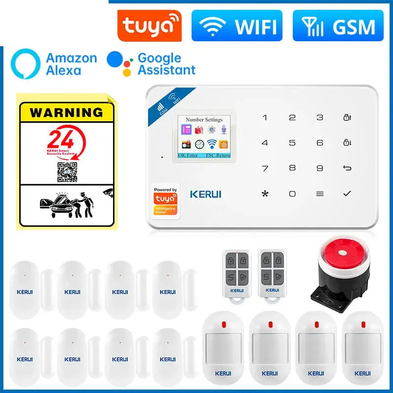 W181 Smart Home Security Alarm System with Tuya app, Alexa, and Google Assistant integration, includes sensors and siren.
