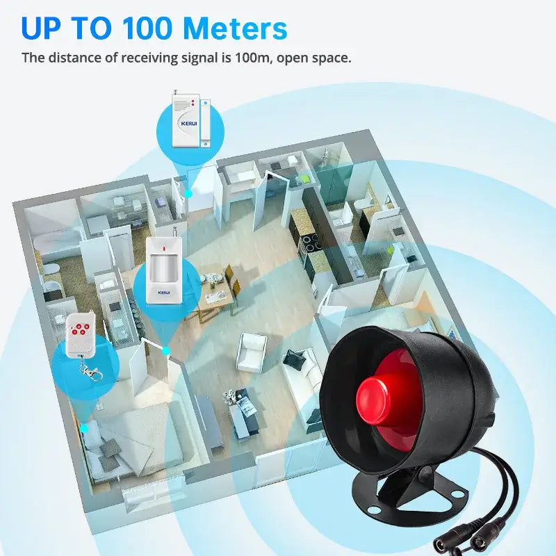 Tuya Smart WiFi Door Alarm System illustration showing wireless range up to 100 meters in a home layout.
