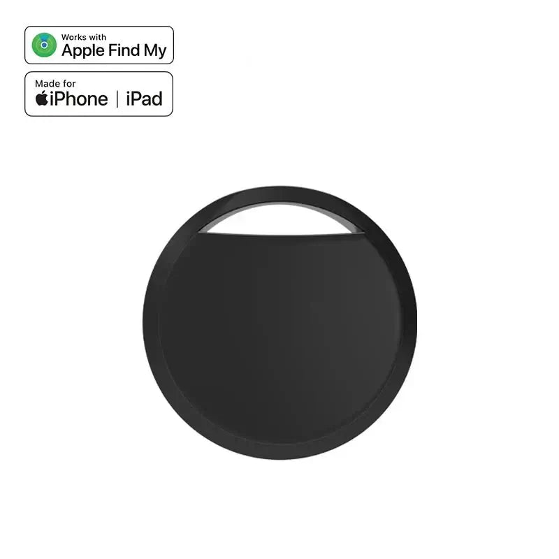 Black anti-loss tracker compatible with Apple Find My for locating essentials like keys and luggage.