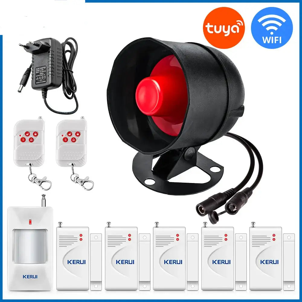 Tuya Smart WiFi Door Alarm System kit with siren, sensors, and remote controls for home security.