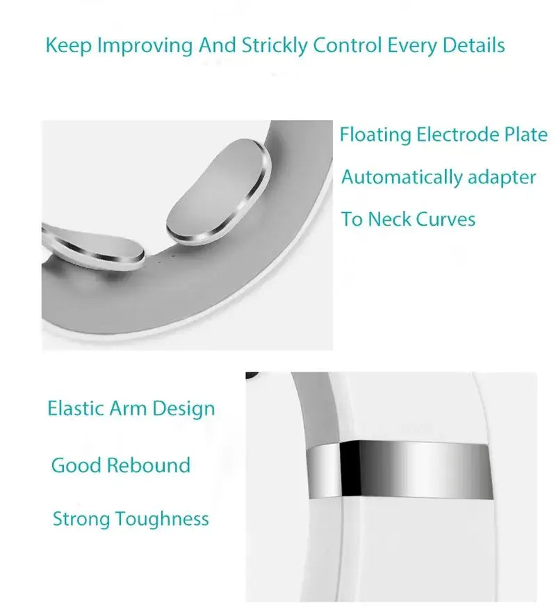 Close-up of Portable Mini Cervical Massager features, including floating electrode plate and elastic arm design for ergonomic use.
