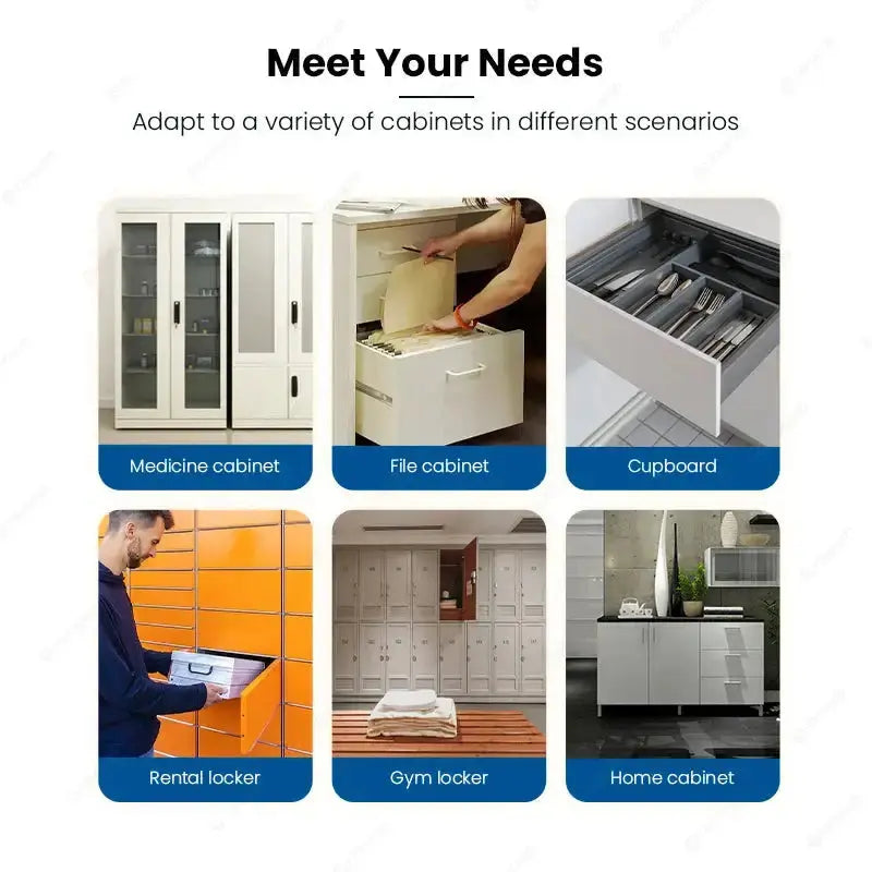 Showcasing various cabinet types for SecuDrawm Smart Fingerprint Lock: medicine, file, cupboard, rental, gym locker, and home cabinet.
