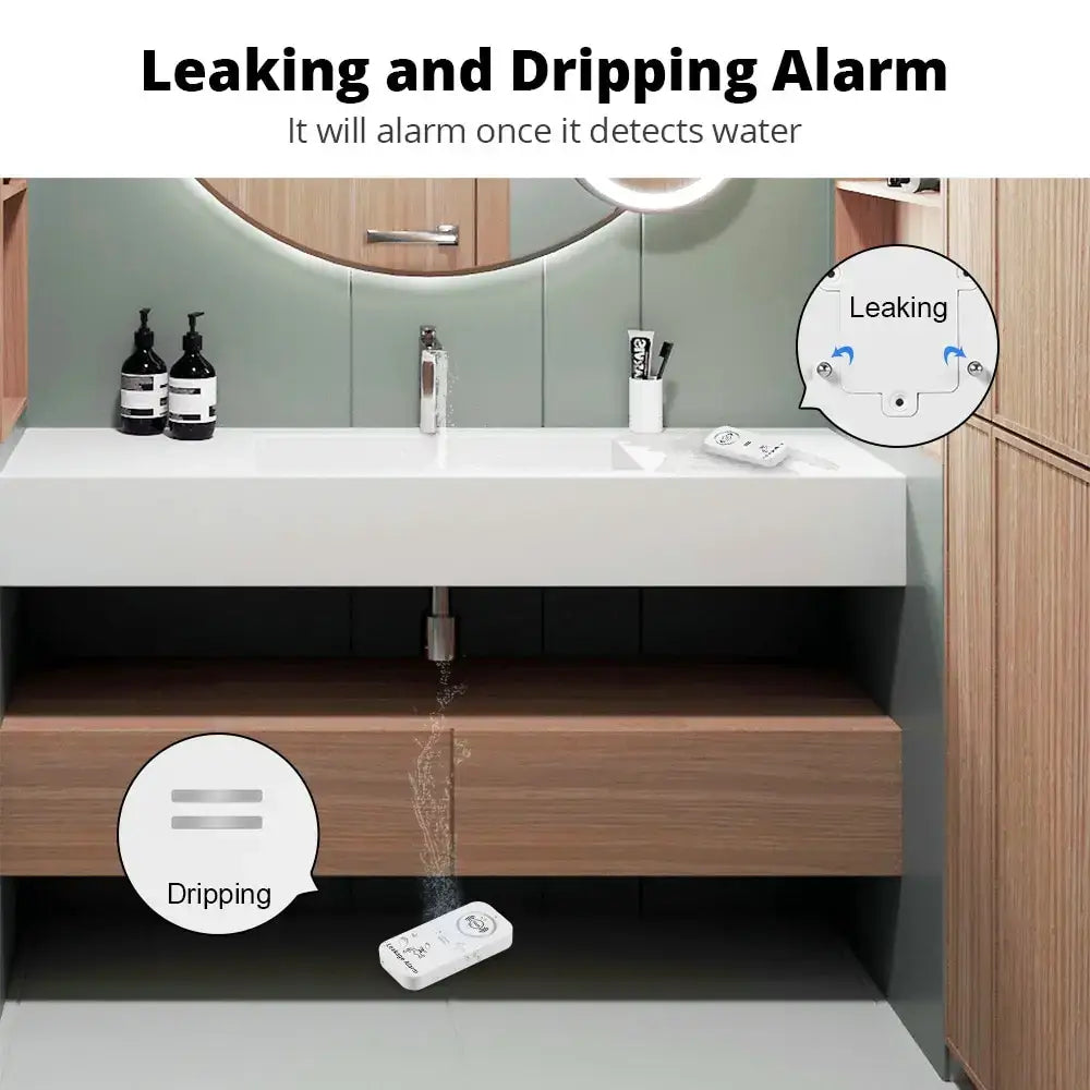 Wireless water leak sensor alarm detecting leaks in bathroom with clear indicating icons for leaking and dripping.
