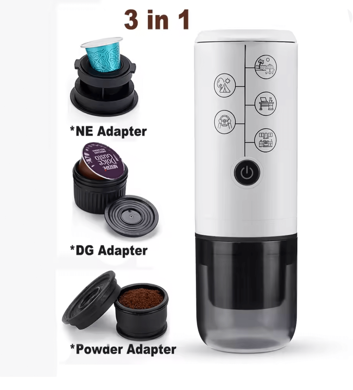 BaristaPod Portable Coffee Maker with NE, DG, and Powder Adapters for versatile coffee brewing.