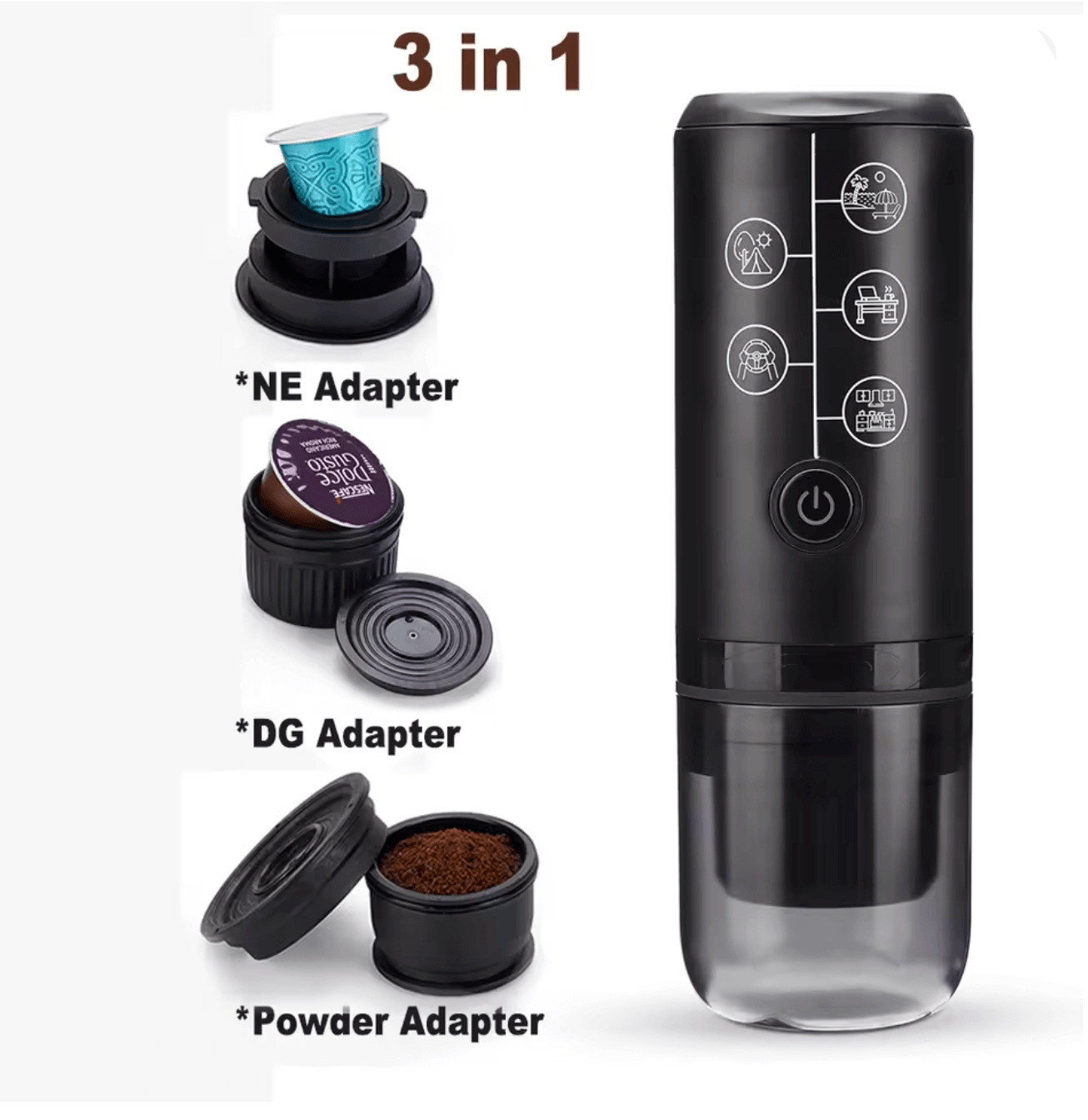BaristaPod Portable Coffee Maker with 3 in 1 adapters for capsules and ground coffee.