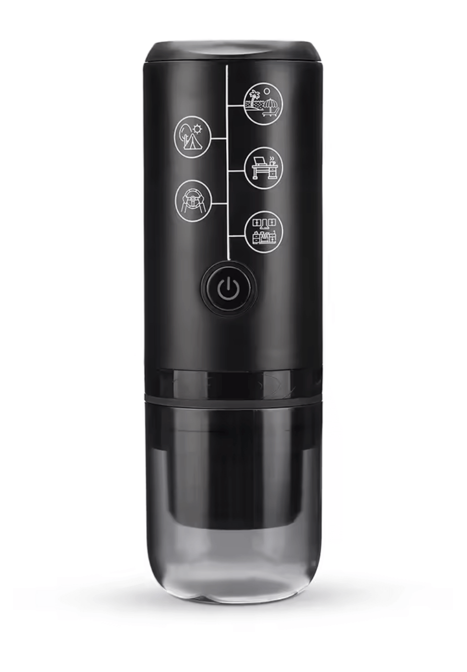 BaristaPod Portable Coffee Maker with compact design and icons for travel, camping, and car use.