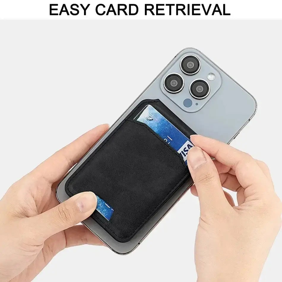 Hand retrieving a card from a SlimMag Magnetic Wallet attached to a smartphone, showcasing easy access.