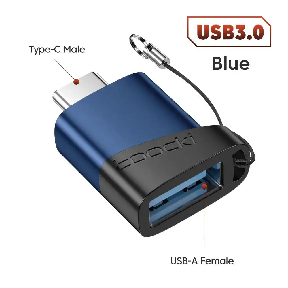Toocki OTG Adapter in blue, featuring Type-C male and USB-A female ports for seamless data transfer.