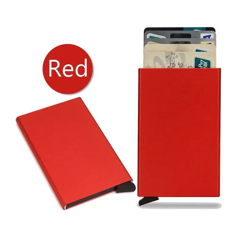 Red RFID Smart Wallet showcasing a slim design, holding cards and featuring RFID-blocking technology for secure organization.