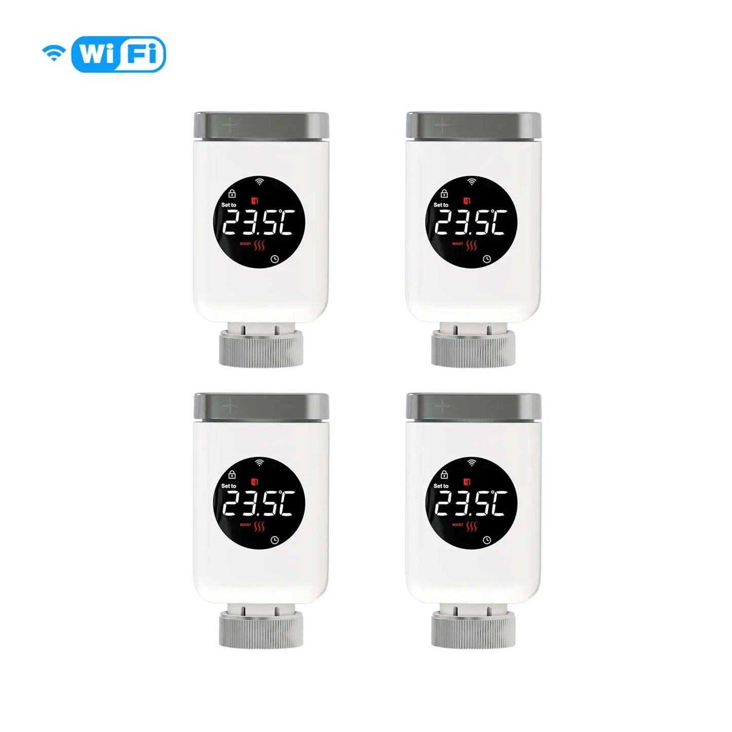 HeatFlow Smart Radiator Valves pack showing temperature display and Wi-Fi connectivity for app-controlled heating.