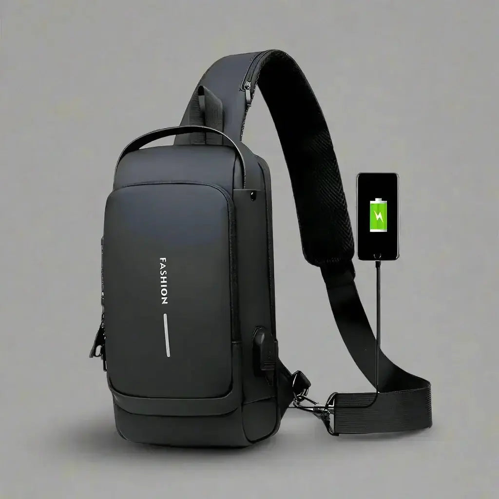 VoltGuard Waterproof Chest Bag with USB charging port, anti-theft design, sleek patent leather finish, perfect for everyday use.