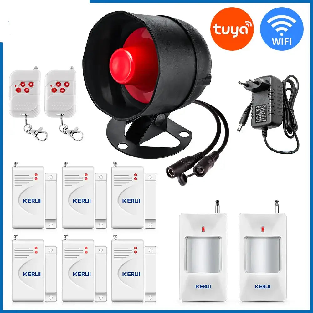 Tuya Smart WiFi Door Alarm System kit with siren, remotes, and sensors for home security.