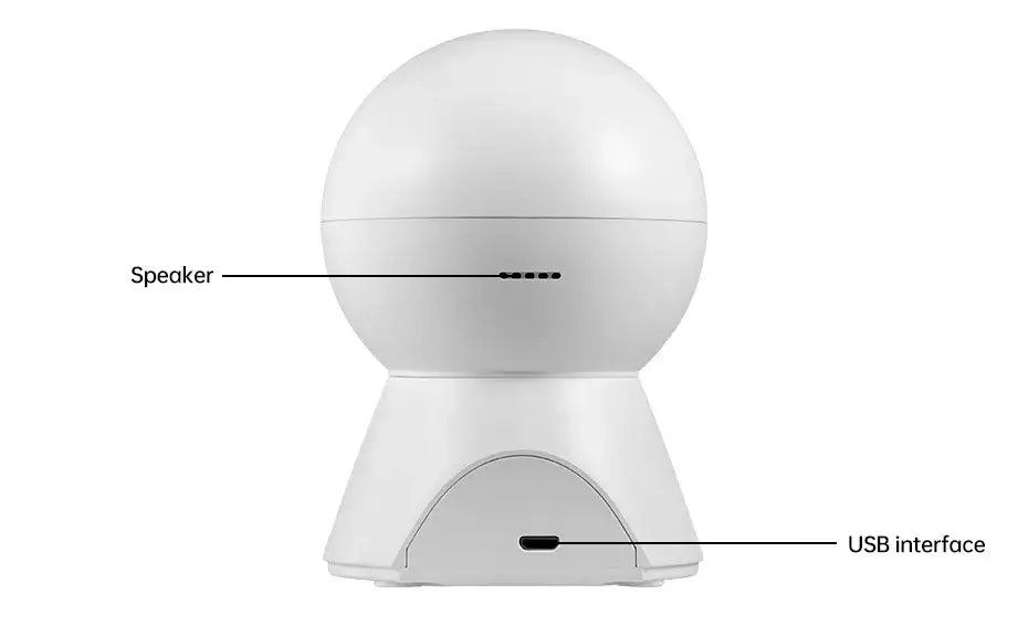 White spherical smart speaker with USB interface and sound indicators, designed for modern home use.