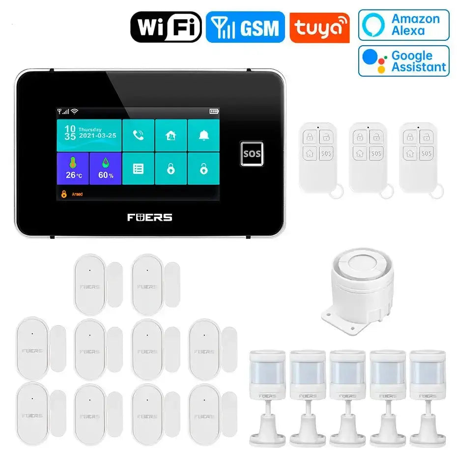 4.3 inch TFT screen WiFi GSM smart home security system with sensors and remote controls.