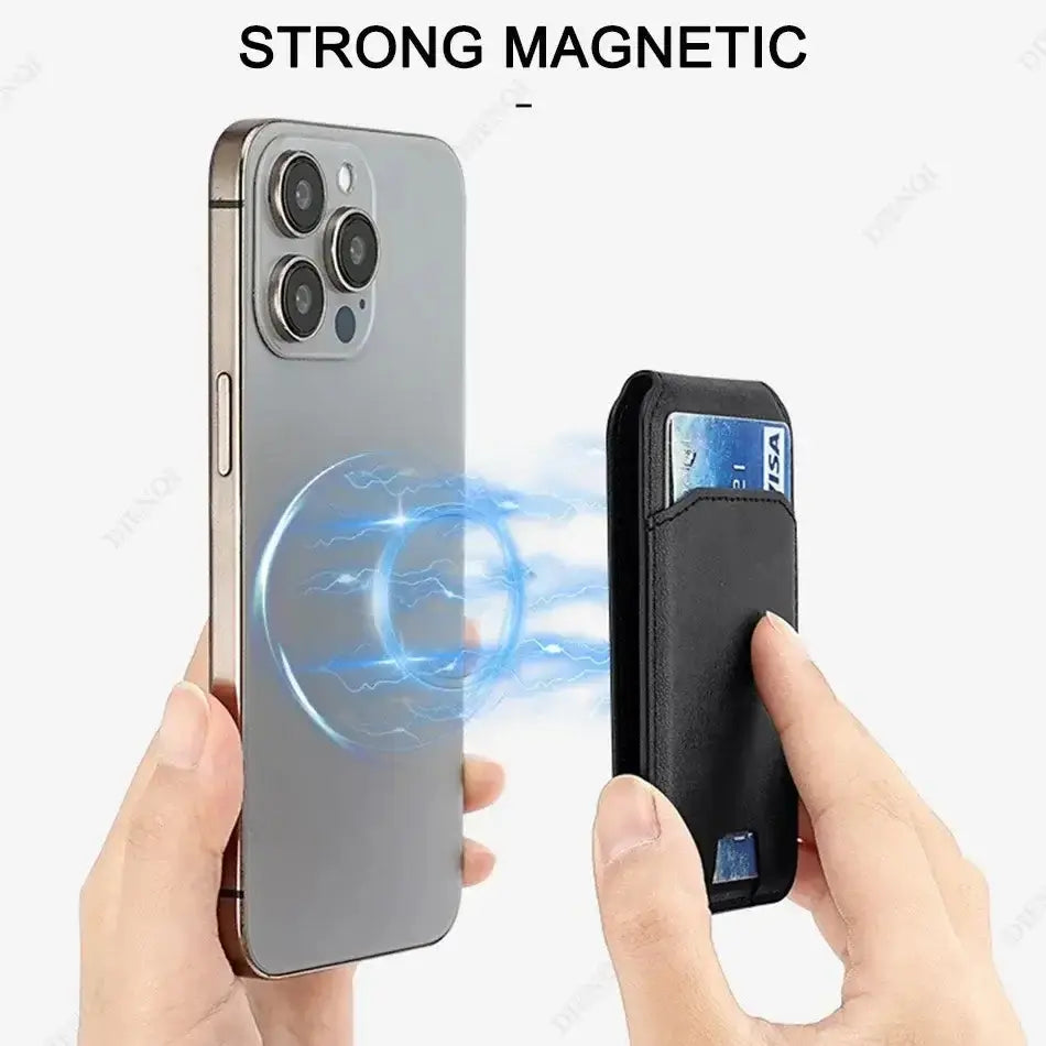 SlimMag Magnetic Card Wallet being used with a smartphone, showcasing strong magnetic attachment.