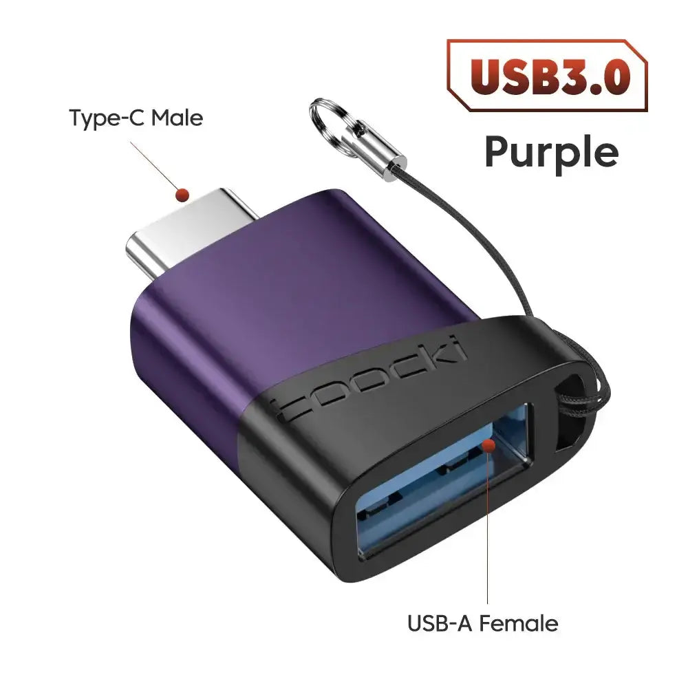 Toocki OTG Adapter in purple, featuring Type-C male and USB-A female ports for versatile connectivity.