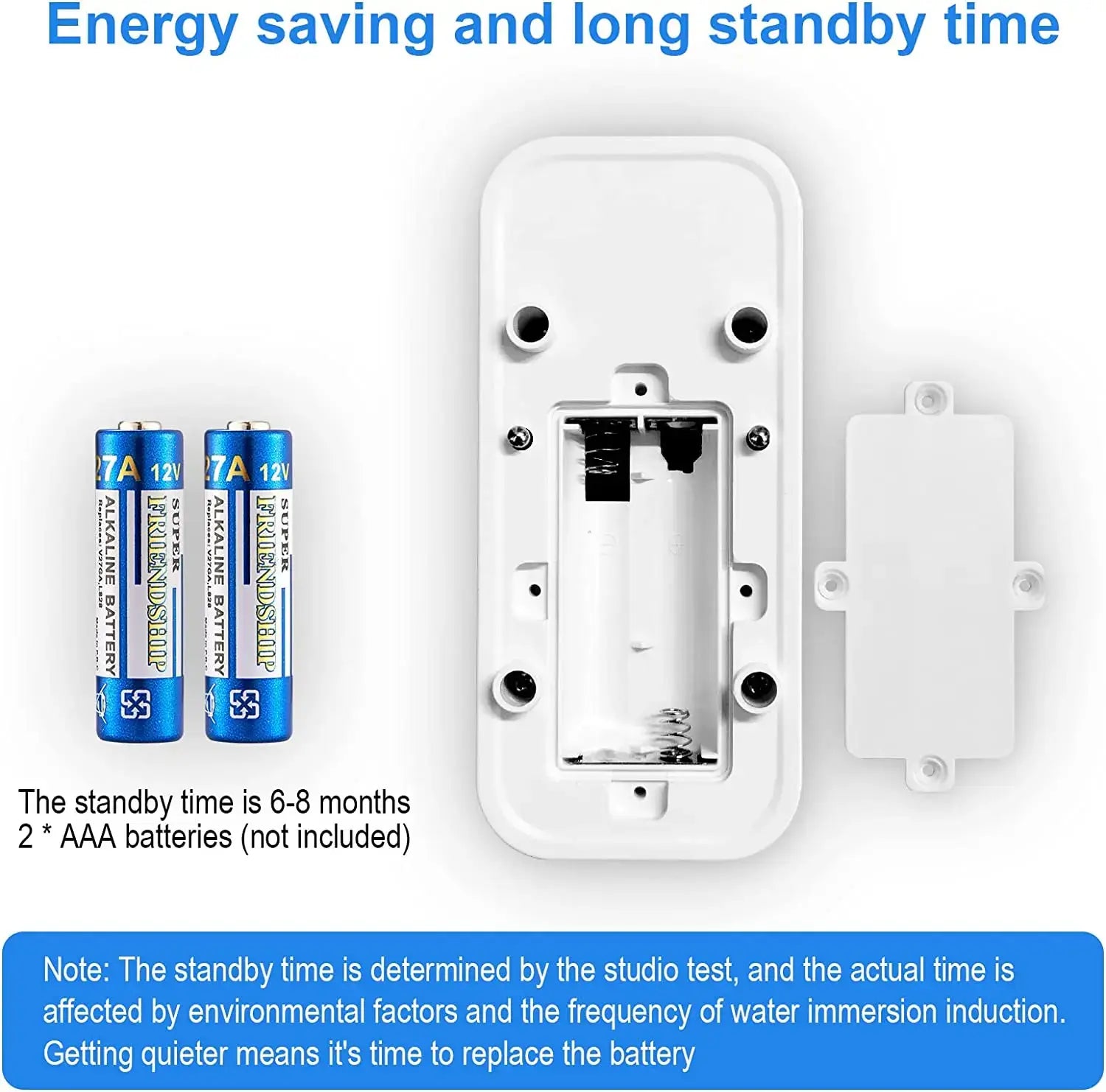 Wireless water leak sensor with batteries showing energy-saving features and long standby time.