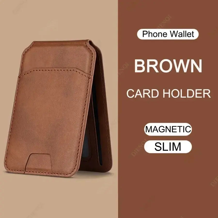 Brown slim magnetic card wallet and stand for iPhone and Android, made from PU leather.