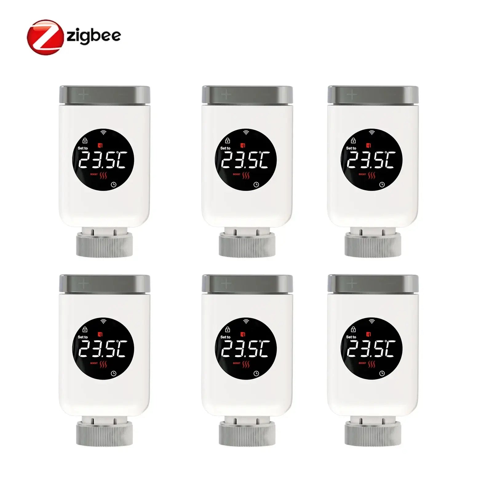 Set of six HeatFlow Smart Radiator Valves displaying temperature controls, compatible with Zigbee and smart home systems.