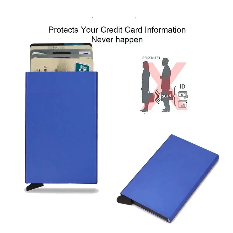 Blue RFID smart wallet displaying credit cards, offering secure storage and protection against RFID theft.