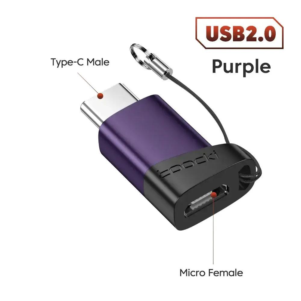 Toocki OTG adapter in purple, showcasing Type-C male and Micro USB female connectors for versatile data transfer.