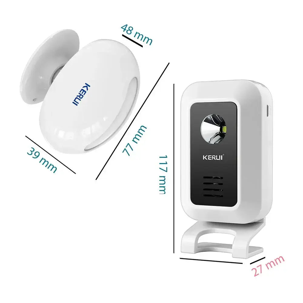 Wireless motion sensor doorbell chime with customizable ringtones and LED light for home security.