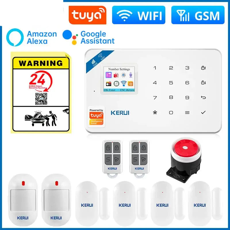 W181 Smart Home Security System featuring Tuya App, Alexa, Google Assistant, motion sensors, and alarm controls.