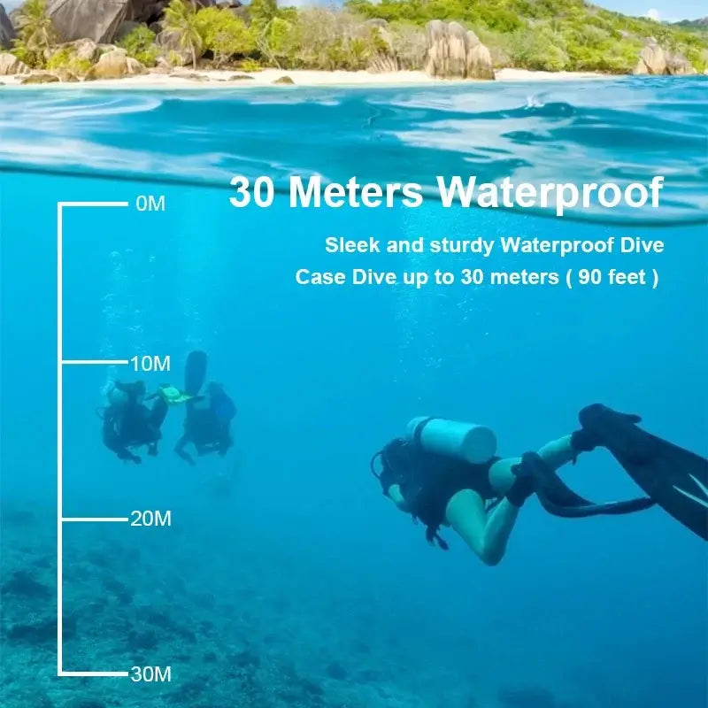 Two scuba divers exploring underwater with a waterproof case marked for 30 meters depth.