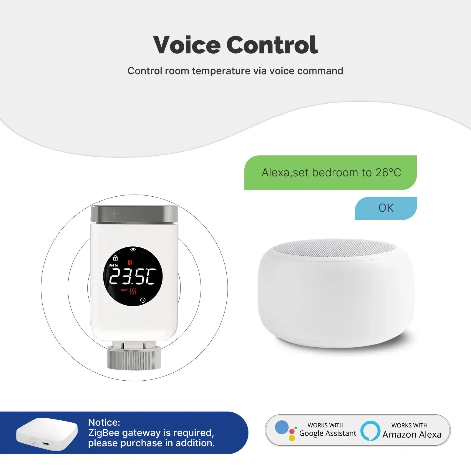 HeatFlow Smart Radiator Valve with voice control display and voice assistant device for temperature management.