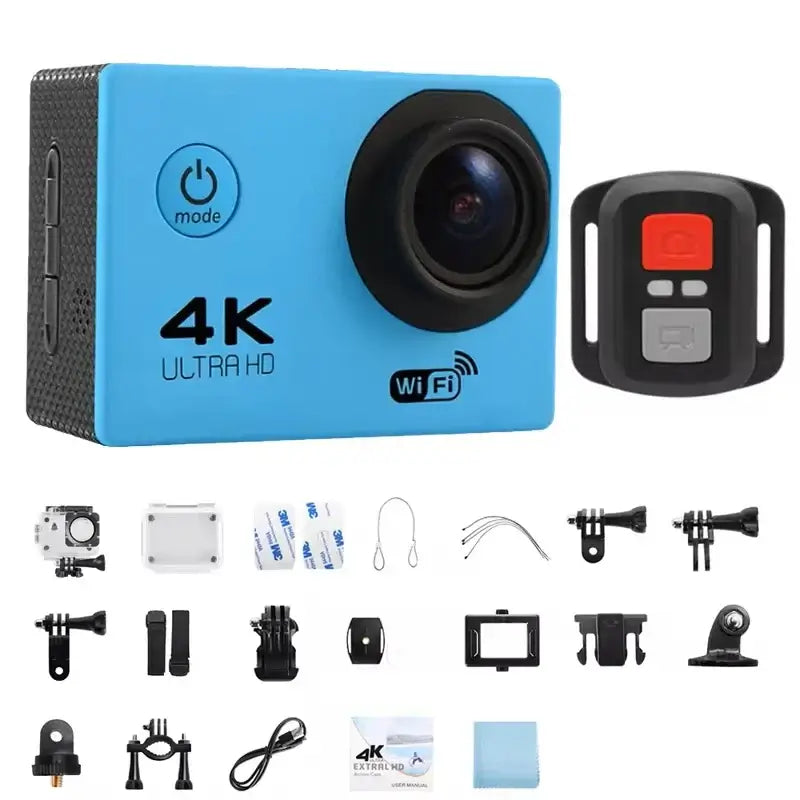 HD Waterproof Sports Action Camera with accessories, 4K Ultra HD resolution and WiFi capability, perfect for adventures.