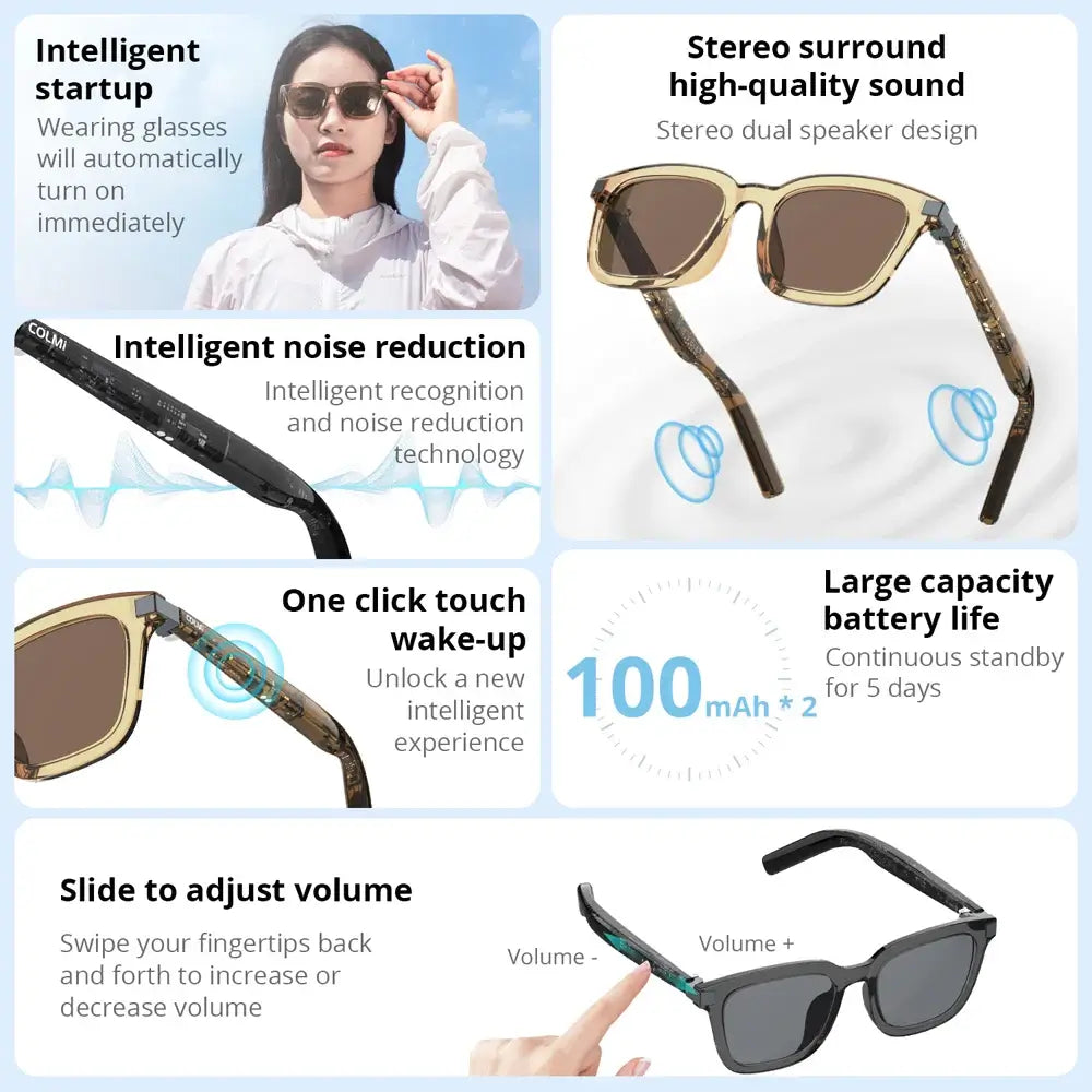 G06 Smart Bluetooth Audio Sunglasses features: intelligent startup, stereo surround sound, noise reduction, and volume control.