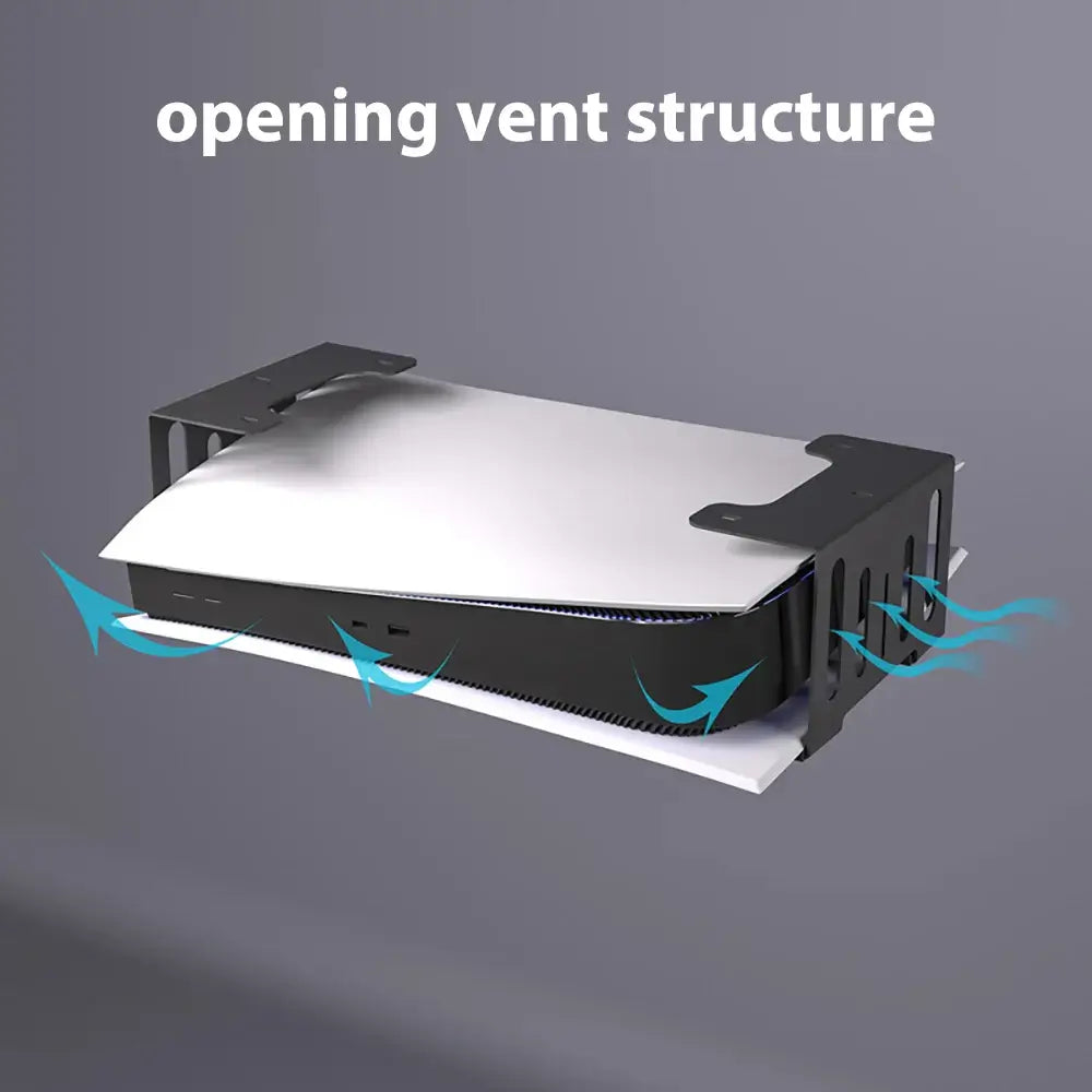 StealthCradle PS5 under-desk mount featuring an opening vent structure for optimal cooling and airflow.
