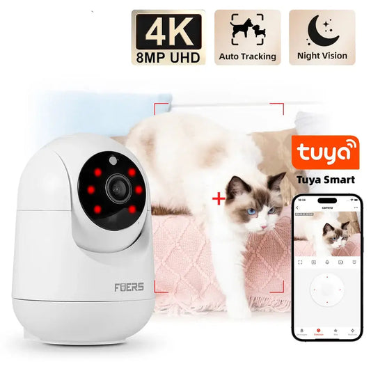 Smart WiFi pet camera with 4K HD, AI tracking, night vision, monitoring a cat with mobile app interface.