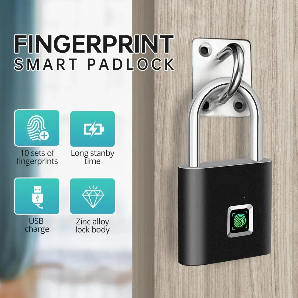 Fingerprint smart padlock with USB charging, 10 fingerprint sets, and durable zinc alloy design for secure keyless access.