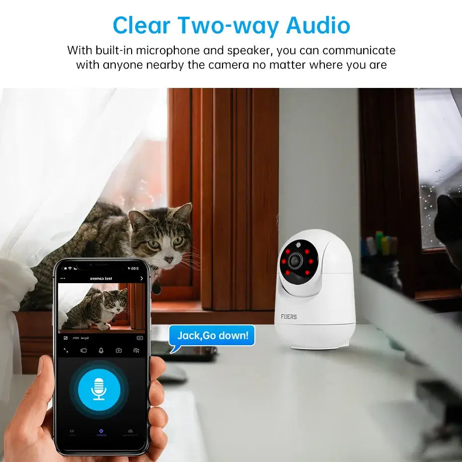 Smart WiFi pet camera with clear two-way audio, monitoring a cat by the window with smartphone interface.