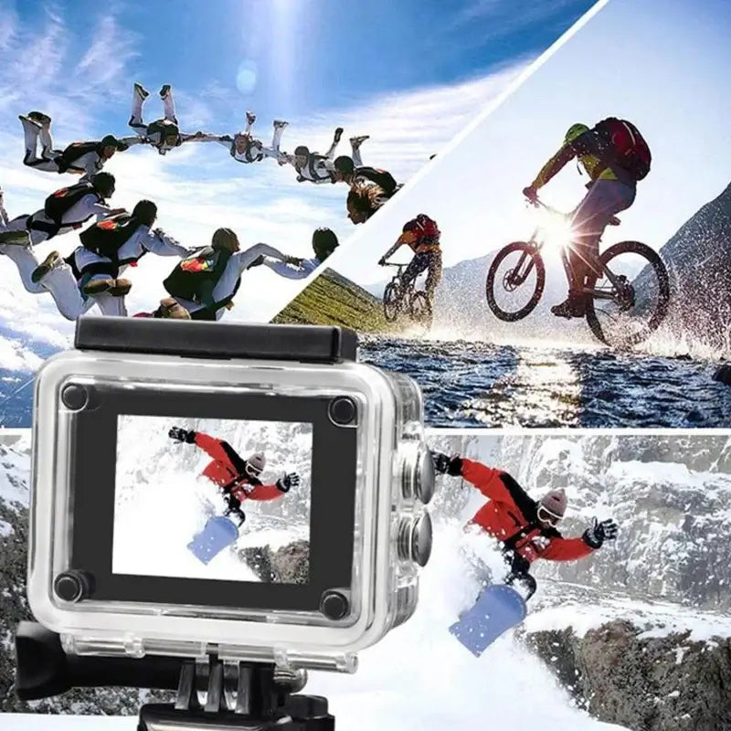 HD Waterproof Sports Action Camera showcasing adventure footage: skydiving, biking, and snowboarding.